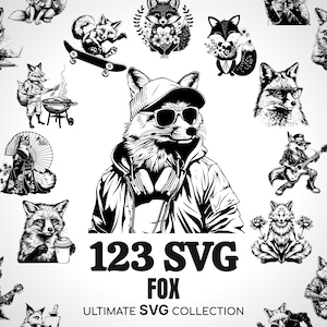 Puede incluir: Una colección de 123 diseños de zorro SVG. Los diseños presentan zorros en varias poses, incluyendo el uso de gafas de sol, la reproducción de música y la celebración de una taza de café. El texto "123 SVG FOX ULTIMATE SVG COLLECTION" se muestra en la parte inferior de la imagen.