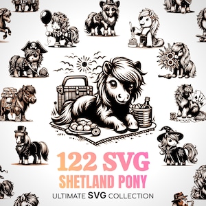 Puede incluir: Una colección de 122 ilustraciones SVG de ponis Shetland en blanco y negro. Los ponis se representan en varios escenarios, incluyendo un pirata, un chef y un poni con una cesta de picnic. También se incluye el texto "122 SVG SHETLAND PONY ULTIMATE SVG COLLECTION".