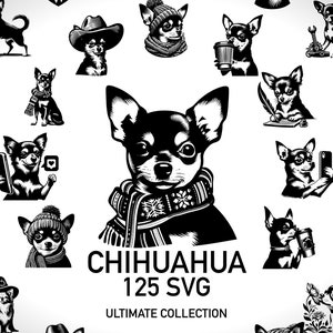 Puede incluir: Una colección de 125 ilustraciones vectoriales en blanco y negro de perros Chihuahua en varias poses y atuendos. El texto "Chihuahua 125 SVG Ultimate Collection" está en la parte inferior de la imagen.