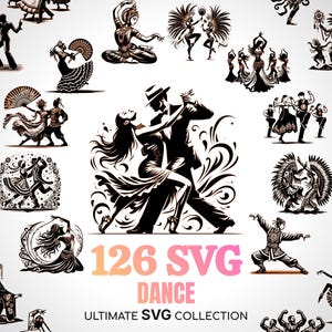 Puede incluir: Una colección de 126 ilustraciones de danza SVG en blanco y negro. Las ilustraciones representan varios estilos de danza, incluyendo baile de salón, folclore y danza contemporánea. El texto "126 SVG DANCE ULTIMATE SVG COLLECTION" se muestra en la parte inferior de la imagen.