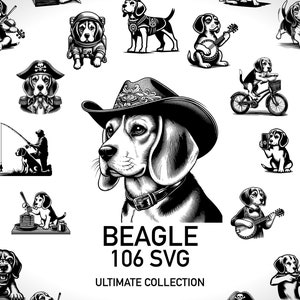 Könnte beinhalten: Eine Sammlung von 106 Schwarzweiß-Vektorillustrationen von Beagle-Hunden in verschiedenen Posen und Aktivitäten. Die Illustrationen zeigen einen Beagle mit Cowboyhut, einen Beagle, der Gitarre spielt, einen Beagle, der Fahrrad fährt, und einen Beagle mit Piratenhut. Der Text "BEAGLE 106 SVG ULTIMATE COLLECTION" befindet sich am unteren Rand des Bildes.