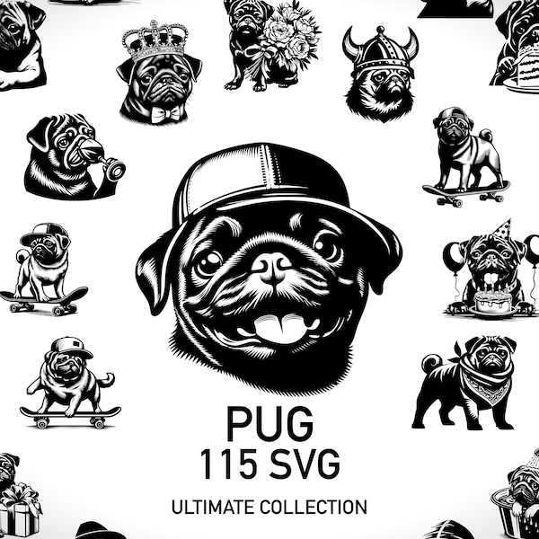 Pug Svg Dog Lover Svg Bundles Collection - 115 Cricut Svg Files DIY Vector Bundle - Digital Designs with Transparent Background