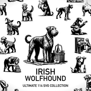 Könnte beinhalten: Eine Sammlung von 114 Schwarzweißillustrationen von Irish Wolfhounds in verschiedenen Posen und Aktivitäten. Die Illustrationen sind im Vintage-Stil gehalten und zeigen die Hunde in einer Vielzahl von Umgebungen, darunter beim Musizieren, Kuchenessen und Picknicken. Der Text "IRISH WOLFHOUND ULTIMATE 114 SVG COLLECTION" befindet sich am unteren Rand des Bildes.