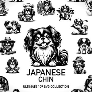 Op de afbeelding: Een verzameling van 109 zwart-witte SVG-illustraties van Japanse Chin-honden in verschillende poses en activiteiten. De illustraties omvatten honden die hoeden dragen, instrumenten bespelen en andere activiteiten uitvoeren. De tekst "JAPANESE CHIN ULTIMATE 109 SVG COLLECTION" staat onderaan de afbeelding.