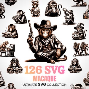 May include: A collection of 126 black and white illustrations of monkeys in various poses and activities. The text "126 SVG MACAQUE ULTIMATE SVG COLLECTION" is at the bottom of the image.