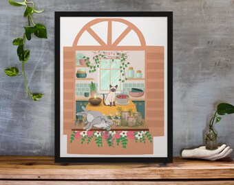 Cat lover Kitchen Window scene Digital Art Print