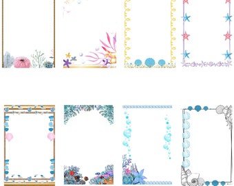 May include: Set of 8 digital printable frames featuring various sea-themed designs. The frames include seashells, starfish, seaweed, and bubbles. The frames are perfect for adding a touch of whimsy to your digital projects.