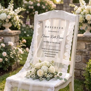 May include: A white wooden chair draped with a sheer lace-trimmed veil featuring the text: RESERVED in loving memory of Eleanor Ruth Pierce MOTHER OF THE GROOM. Though you are not here beside us, your love surrounds us today. Always remembered. Always cherished. A bouquet of white roses and greenery rests on the seat.