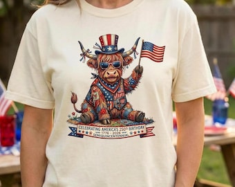 250th Anniversary USA Shirt, Patriotic Highland Cow Tee, 1776 2026 America Birthday Shirt, Vintage Patchwork Cow Comfort Colors Tee