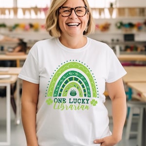 Lucky Librarian Tee, Book Lover Shirt, St. Patrick's Day Gift, Unisex Jersey, Green Rainbow, Pot of Gold, School Library T-shirt