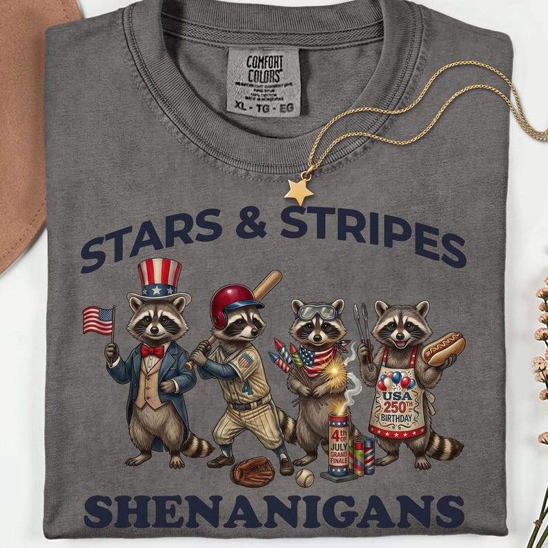 May include: Gray t-shirt with the words "STARS & STRIPES SHENANIGANS" and a graphic of raccoons celebrating the 4th of July. One raccoon holds a hot dog, another holds fireworks, and two others hold a baseball bat and American flag.