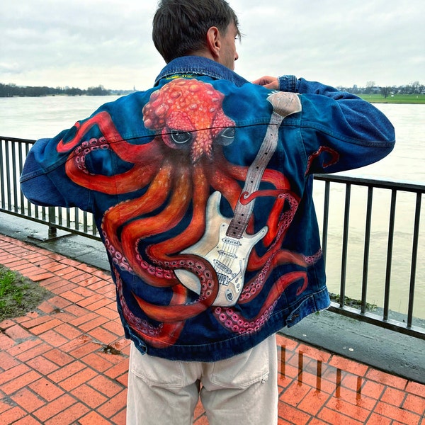 Custom Hand Painted Denim Jacket Octopus Art | Custom Jean Jacket | Custom clothing | Personalized Gift  | Music Art | Guitar Hero