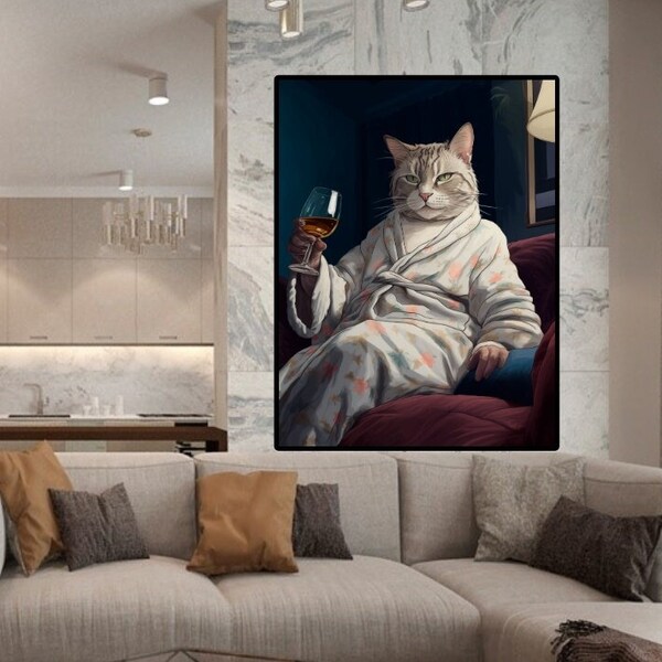 Digital Wall Art | Album Poster Art | Cat With Wine | Instant Download Digital Wall Art | Relax Vibe Art. Gift For Cat Lovers