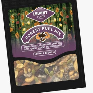 May include: A black resealable bag with a clear window showing a mix of nuts, seeds, and dried fruit. The bag is labeled "LEVINT FOODS FOREST FUEL MIX" and lists the ingredients: almonds, walnuts, yellow raisins, cranberries, dates, peanuts, cashews, and pumpkin seeds. The bag also states "NET WT 7 OZ (283 g)".