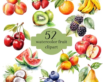 May include: Watercolor clipart set of 52 different fruits, including peaches, strawberries, kiwi, cherries, watermelon, coconut, blueberries, mango, pear, apples, bananas, and blackberries.
