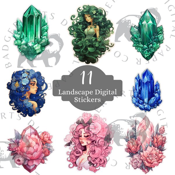 Crystal Girl Digital Clipart Set, Rose Quartz, Blue Lapis, Purple Amethyst, Green Jade, Crystal Fairy, Gemstone Fairy Digital Stickers