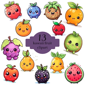Kawaii Obst digitales Clipart Set, süße und bunte fruchtige Freuden, Obst Clipart, Obst digitale Aufkleber, Journal Art, digitale Aufkleber