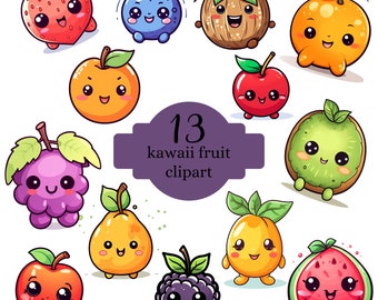 May include: 13 kawaii fruit clipart images in various colors and poses. The fruits include a strawberry, blueberry, pineapple, orange, apple, kiwi, grape, pear, mango, watermelon, and blackberry.