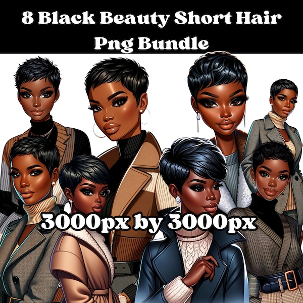 8 Transparent PNGs Commercial Use of Beautiful Black Women with Short Pixie Hair | Business Casual and Professional Attire | Digital Sticker