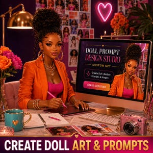 May include: A computer monitor displays the text DOLL PROMPT DESIGN STUDIO CUSTOM GPT with a START CREATING button. A person with dark curly hair in an orange blazer and pink top sits at a desk with a digital tablet, a notebook, a teal mug, and a camera.