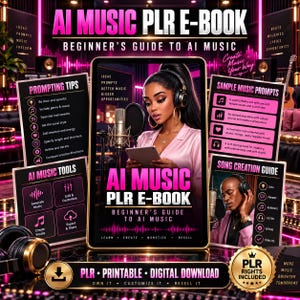 Op de afbeelding: Een digitale AI Music PLR E-Book downloadgids met een tabletweergave van een persoon met een koptelefoon en microfoon. De cover bevat tekst zoals AI Music PLR E-Book, Beginner's Guide to AI Music, Prompting Tips en Sample Music Prompts.