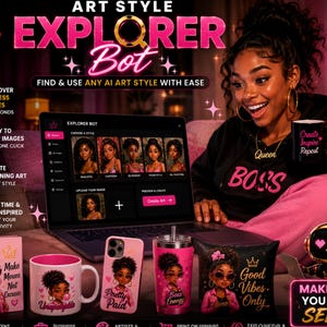 May include: A digital marketing graphic for Art Style Explorer Bot featuring a laptop displaying an AI art interface, surrounded by branded merchandise including a notebook, mugs, a phone case, a tumbler, a pillow, and a small robot figurine.