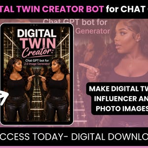 May include: An advertisement for a digital twin creator bot for Chat GPT. The image features a woman pointing at a tablet displaying a digital twin image of herself. Text includes "Digital Twin Creator" and "Make Digital Twin Influencer and Photo Images!"