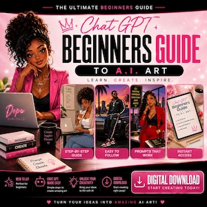 May include: A digital guide titled Chat GPT Beginners Guide to A.I. Art featuring a pink and black color scheme. The graphic displays a person using a laptop, a person standing by a car, and a tablet showing the guide. Text includes Learn, Create, Inspire.