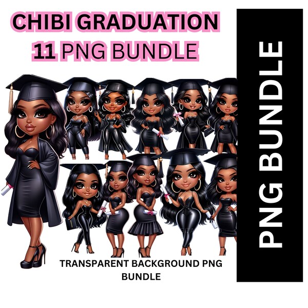 11 Transparent PNGs Bundle | Black Woman Graduation Chibi Clipart | For Graduation Greeting Cards, Invitations, Social Media Posts & More