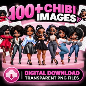 Peut inclure: Une collection numérique de plus de 100 images chibi représentant des personnages variés à la peau foncée avec diverses coiffures, dont des afros et des carrés. Les personnages portent des tenues comme des robes, des jeans et des chemisiers.