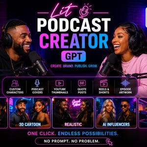 Peut inclure: Un graphique numérique pour Lit Podcast Creator GPT montrant deux personnes avec des casques et des microphones. Il affiche du texte incluant "Viral Podcast Trend", "Customize Characters & Content" et "One Click. Endless Possibilities."