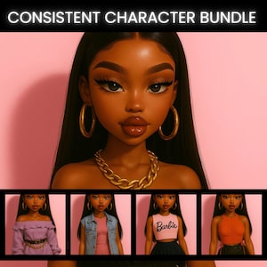 May include: A digital illustration of a doll with long dark hair, gold hoop earrings, and a gold chain necklace. Below, four variations show the doll in a lavender off-shoulder top, a denim vest over a pink top, a pink Barbie tank, and an orange top.