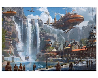 Puede incluir: Una ilustración de estilo steampunk de una ciudad con un gran dirigible marrón volando sobre una cascada. La ciudad está construida en un acantilado y tiene una variedad de edificios, incluyendo un gran edificio adornado con una torre del reloj. Hay gente caminando por la ciudad y un pequeño barco navegando en el agua.