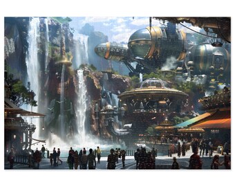 Puede incluir: Una escena de ciudad futurista con una gran cascada, un edificio flotante y muchas personas caminando. Los edificios están hechos de metal y vidrio, y la ciudad está rodeada de exuberante vegetación.