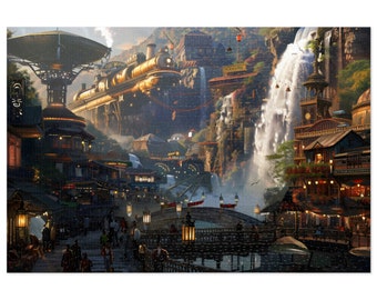 May include: A digital painting of a fantasy city with a large train, a waterfall, and many buildings. The city is built on a cliffside and has a bridge connecting two parts of the city.