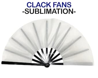 May include: White folding fan with black wooden handle and black metal ribs. The fan is closed and has the text "CLACK FANS -SUBLIMATION- " printed on the top.