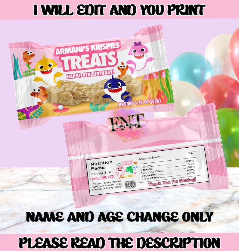 Może przedstawiać: R&oacute;żowe opakowanie batona z napisem "ARMANI'S KRISPIES TREATS HAPPY 4TH BIRTHDAY!" z kresk&oacute;wkowymi rekinami i rybami. Opakowanie zawiera r&oacute;wnież informacje o wartości odżywczej oraz napis "NAME AND AGE CHANGE ONLY PLEASE READ THE DESCRIPTION".