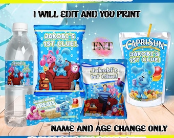 May include: A custom digital bundle featuring Blue's Clues characters. Includes a water bottle label, chip bags, Capri Sun pouch, and a snack bag. The text reads "Jakobi's 1st Clue!" and "I will edit and you print."