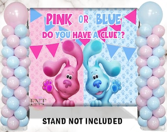 May include: A gender reveal party backdrop featuring pink and blue balloons, with the text "PINK OR BLUE, DO YOU HAVE A CLUE??" and images of cartoon characters. The backdrop is flanked by balloon columns. The text "STAND NOT INCLUDED" is also visible.