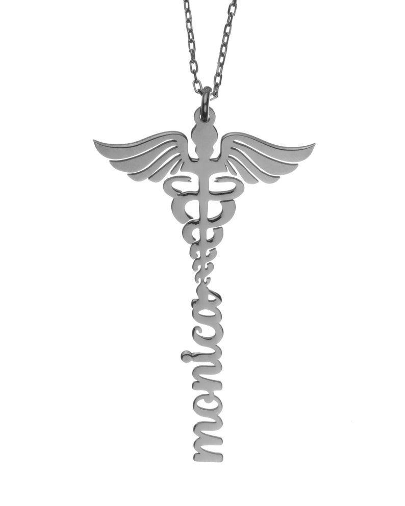 Custom Caduceus Name Necklace, Handcrafted Personalized Medical Jewelry