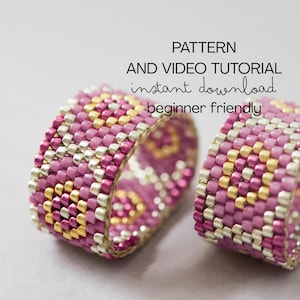 May include: Two beaded rings in a close-up shot. The rings are primarily pink with gold and silver accents. The text on the image reads "PATTERN AND VIDEO TUTORIAL instant download beginner friendly."