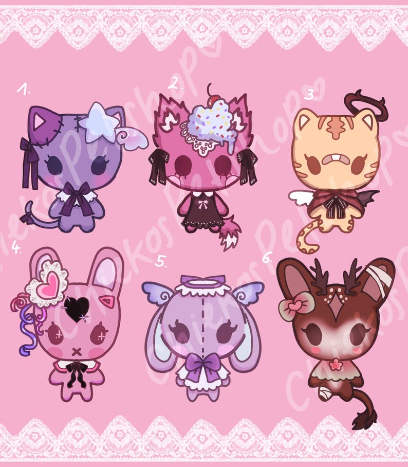 May include: Six illustrated cartoon characters arranged in two rows on a pink background. The characters include a purple cat with a star, a pink cat with a sundae, a tan cat with wings, a pink rabbit, a purple bunny, and a brown deer-like creature.