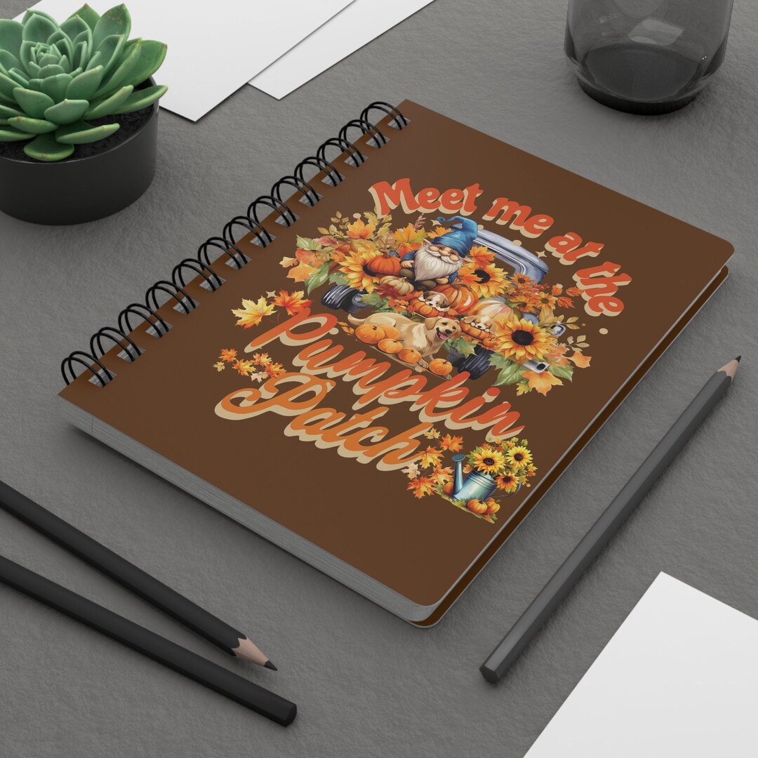 Cottagecore Gnome Notebook With Fall Pumpkin Patch Theme. Dog Lover
