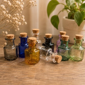 May include: A collection of small, square-shaped glass bottles in various colors including clear, blue, amber, black, purple, and green. Each bottle features a short neck and is sealed with a natural, light brown cylindrical cork stopper.