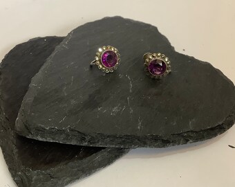 Vintage screw back sterling silver purple amethyst  and diamond earrings