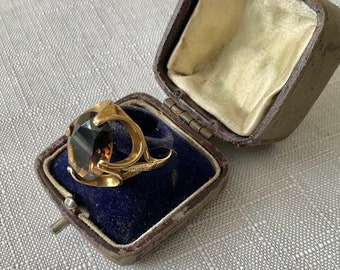 Impresionante vintage ahumado cuarzo solitario 9ct oro vestido anillo tamaño N