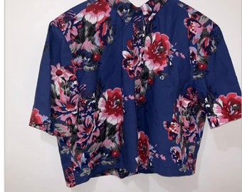 French Connection Blue Floral Oversized Crop Short Sleeve Vintage Blouse