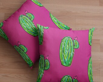 CACTUS Pillow- Pink Saguaro CACTUS PILLOW 20x20 Cactus Trend, sizes, Hand Drawn, Original Art, Boho Style, Succulent