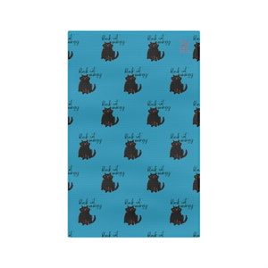 BLACK CAT ENERGY Tea Towel- cute, funny cat lover gift, hand drawn art, original, colorful, Blue dishtowel- Can Customize !