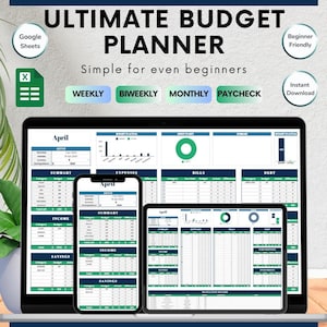 Op de afbeelding: Een laptopscherm dat een budgetplanner-spreadsheet weergeeft met tabbladen voor wekelijkse, tweewekelijkse, maandelijkse en loonbudgettering. De spreadsheet heeft de titel "Ultimate Budget Planner" en is gelabeld met "Eenvoudig voor zelfs beginners". De spreadsheet is geopend voor de maand april en bevat secties voor inkomsten, uitgaven, rekeningen, schulden en besparingen.